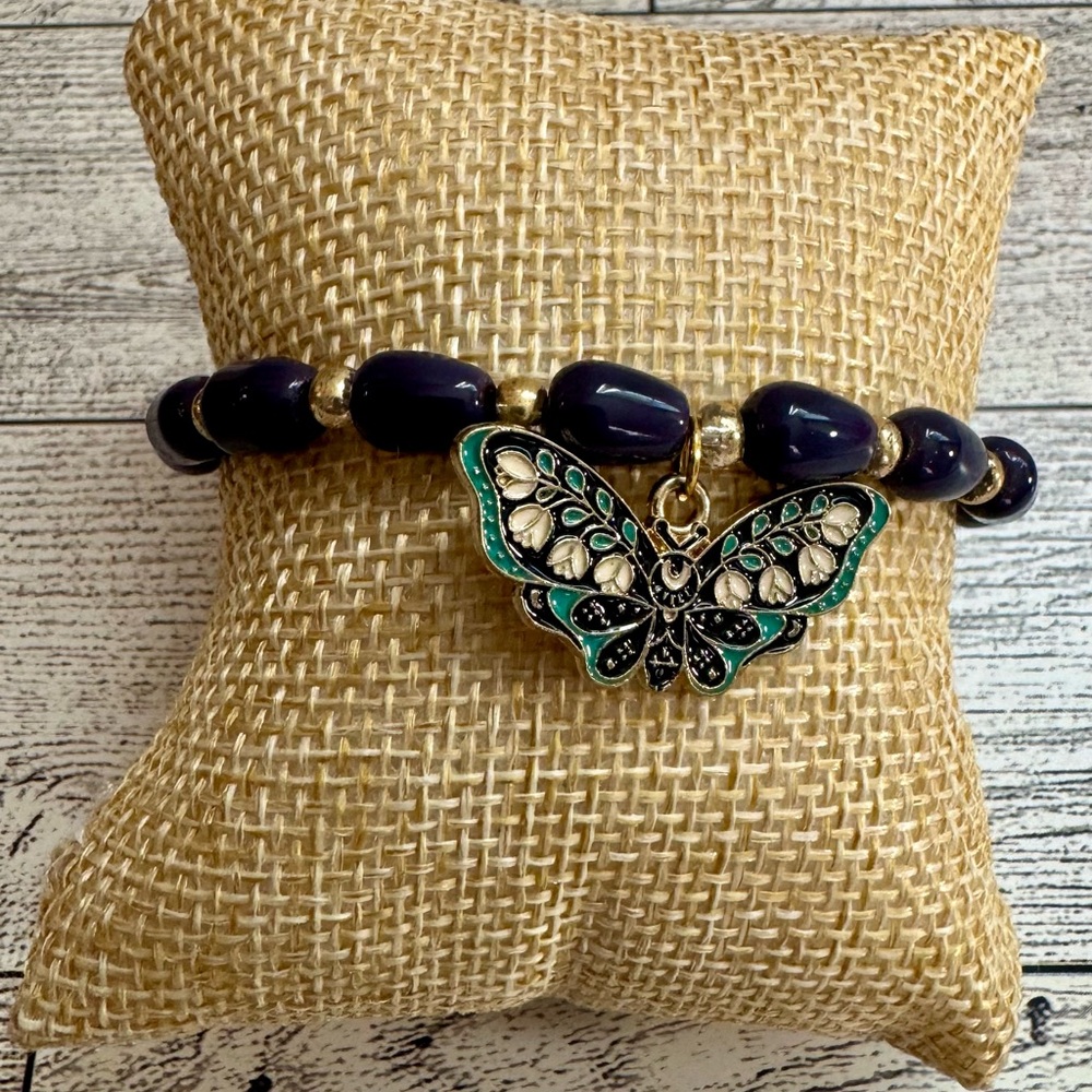 Butterfly Charm Beaded Bracelet - Blue/Purple & Gold Beads